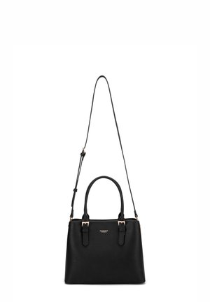 Borsa a mano nera in pelle con manici doppi, tracolla regolabile e dettagli in oro. Superficie texturizzata, forma rettangolare, design minimalista.