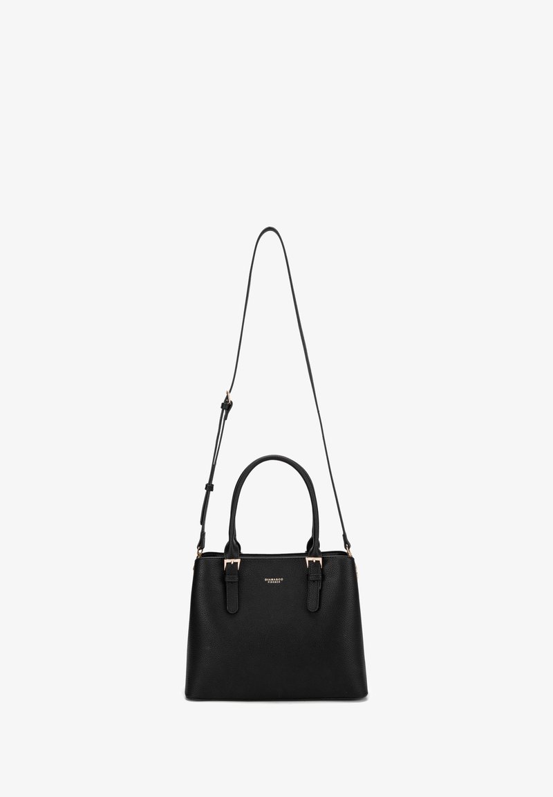 Borsa a mano nera in pelle con manici doppi, tracolla regolabile e dettagli in oro. Superficie texturizzata, forma rettangolare, design minimalista.