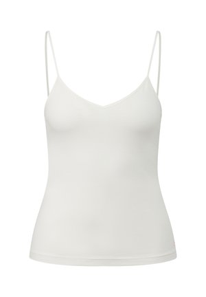 Weißes, figurbetontes Camisole mit dünnen Spaghetti-Trägern und einem dezenten V-Ausschnitt, auf einem schlichten weißen Hintergrund dargestellt.