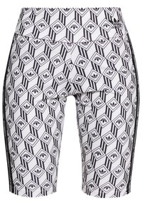 Svartvita mönstrade träningsshorts med geometrisk design som inkluderar diamantskärningar, ränder och en Adidas-logotyp vid midjan.