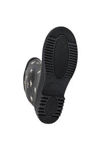 Black rubber boot with a textured sole, featuring a smooth upper decorated with small white designs. The sole has a patterned grip for traction.