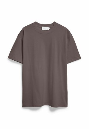 Einfaches dunkelgraues Unisex-T-Shirt mit kurzen Ärmeln und Rundhalsausschnitt, vor weißem Hintergrund gezeigt, Vorderansicht und Markenetikett sichtbar.