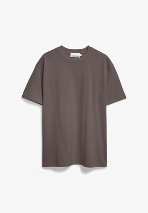 Einfaches dunkelgraues Unisex-T-Shirt mit kurzen Ärmeln und Rundhalsausschnitt, vor weißem Hintergrund gezeigt, Vorderansicht und Markenetikett sichtbar.