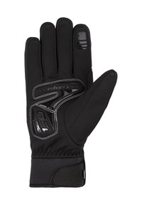 Black insulated glove with a textured surface, gel padding, and white stitching. Features a secure wrist closure and touchscreen-compatible fingertips.