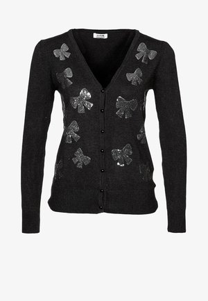 Dark gray button-up cardigan with long sleeves and silver sequin bow patterns on front and shoulders.