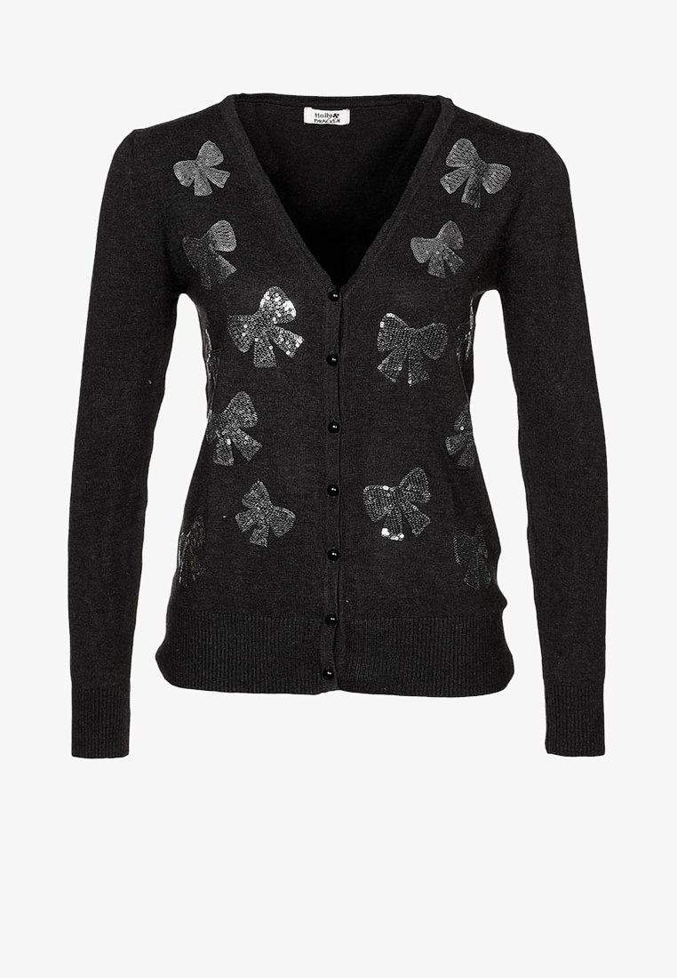 Cardigan gris foncé boutonné avec manches longues et motifs de nœuds en sequins argentés sur le devant et les épaules.