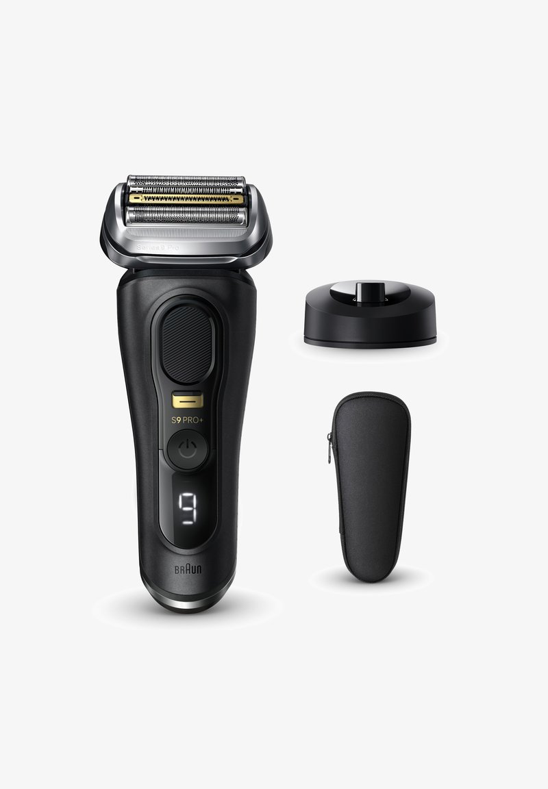 Elektrischer schwarzer Braun Series 9 Pro+ Rasierer mit LED-Display, Ladestation und schwarzem Reißverschlussetui auf weißem Hintergrund.