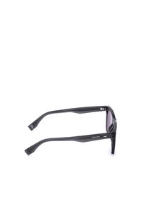 Lunettes de soleil rectangulaires noires avec verres foncés, branches texturées et le mot "POLICE" imprimé sur une branche.