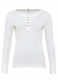 Weißes langärmeliges Thermoshirt mit gerippter Textur, rundem Ausschnitt und einer Knopfleiste mit vier dunklen Knöpfen auf der Brust.