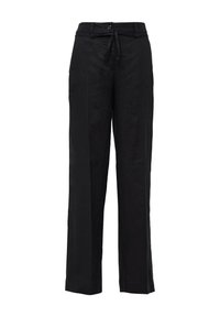 Zwarte linnen broek met een losse pasvorm, voorzien van een trekkoord in de taille, knoopsluiting aan de voorkant en wijd uitlopende benen. Gladde textuur, minimale details.