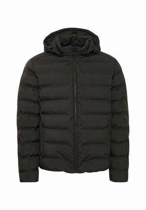Giacca imbottita nera con cappuccio, caratterizzata da una trama trapuntata, chiusura frontale con cerniera e polsini elastici per calore e comfort.