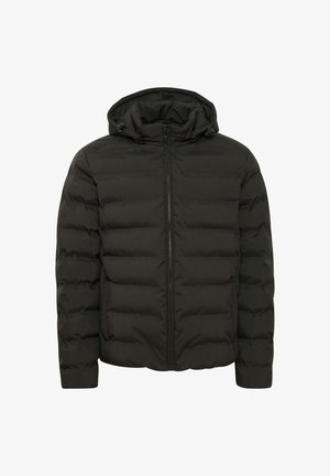 Giacca imbottita nera con cappuccio, caratterizzata da una trama trapuntata, chiusura frontale con cerniera e polsini elastici per calore e comfort.