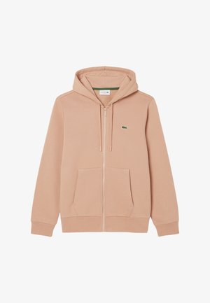 Lichtroze zip-up hoodie van zachte stof, voorzien van een kangoeroezak, verstelbare trekkoordcapuchon en groen logo op de borst.