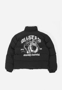 Black puffer jacket with a high collar, featuring a graphic of a snake and ornate text on the back. Text colors are white and light grey.