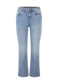 Lichtblauwe rechte spijkerbroek van denim, met een taille op middenhoogte, vijf zakken en een subtiel vervaagd patroon over de stof.