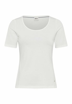 Weißes T-Shirt mit kurzen Ärmeln und einem runden Ausschnitt, aus glattem Stoff hergestellt, mit einem kleinen Logodetail am Saum. Einfaches und figurbetontes Design.