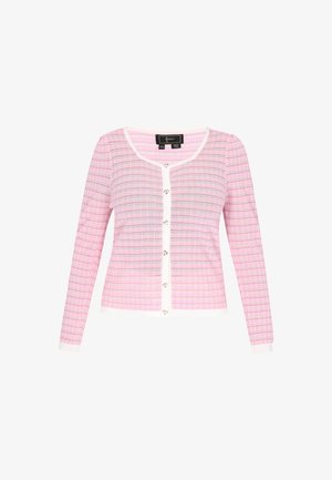 Rosa Strickjacke mit strukturiertem, kariertem Muster und weißen Besätzen, langen Ärmeln und herzförmigen Knöpfen vorne.