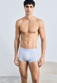 Boxeri scurți gri deschis dintr-o țesătură moale, cu un tiv neted etichetat "Calvin Klein". Design ajustat, material elastic.