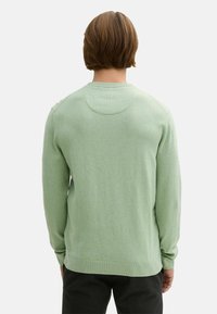 Maglione lavorato a maglia verde chiaro con maniche lunghe, scollatura rotonda e orlo a costine. Texture liscia e design minimalista.