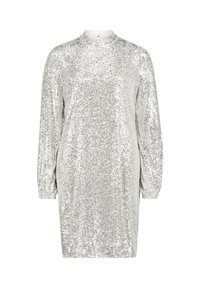 Srebrna sukienka cekinowa z długimi rękawami i wysokim dekoltem; gładka tekstura i błyszcząca powierzchnia; dopasowany kształt z prostym krojem.