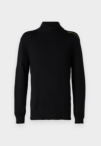 Μαύρο πλεκτό πουλόβερ με τσέπες στα μανίκια και στο λαιμό, διαθέτει χρυσά γράμματα στον αριστερό ώμο και έχει κανονική εφαρμογή.