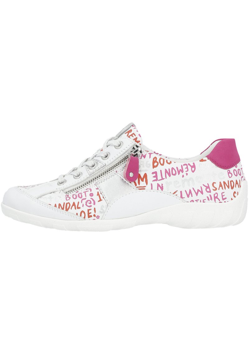 White sneaker featuring colorful text patterns in pink and orange. Metallic zipper detail on the side, with a pink accent on the heel.