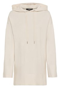 Sudadera con capucha en beige claro, hecha de tejido suave. Presenta un capucha con cordón y mangas largas con un corte relajado. Diseño simple y minimalista.