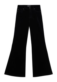 Pantaloni neri in velluto a vita alta con gambe larghe, stile five-pocket e chiusura frontale con bottone e zip.