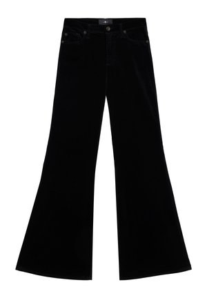 Czarne spodnie welurowe z wysokim stanem, szerokimi nogawkami, pięcioma kieszeniami oraz zapięciem na guzik i suwak z przodu.