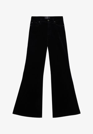 Zwarte hoge taille fluwelen broek met wijde pijpen, vijfzakken ontwerp en sluiting met knoop en ritssluiting aan de voorkant.