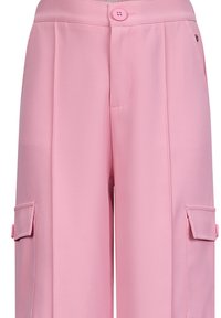 Roze cargobroek met een gladde textuur, voorzien van een voorste knoopsluiting, zijzakken en geplooide details voor stijl en functionaliteit.