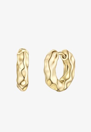 Gold-tone textured hoop earrings shown front and side, with irregular, organic surface design and polished finish.