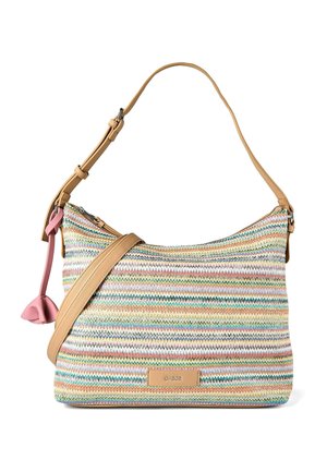 Mehrfarbige gewebte Schultertasche mit beigen verstellbaren Trägern, Reißverschlussverschluss und rosafarbenem, blumenförmigem Reißverschlussanhänger.