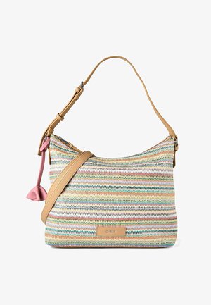 Multicolor woven shoulder bag with beige adjustable straps, zipper closure, and pink flower-shaped zipper pull charm.