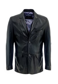Svart läderblazer med två framfickor, en enkelknäppning och ett mönstrat foder i nyanser av blått och rött.
