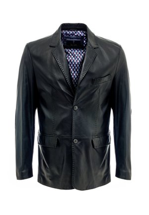 Zwarte leren blazer met twee voorzakken, een enkele knoopsluiting en een gewatteerde binnenvoering in tinten blauw en rood.