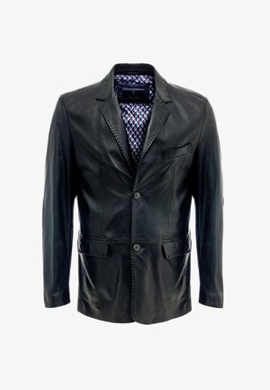 Schwarze Lederblazer mit zwei Vordertaschen, einem Ein-Knopf-Verschluss und einem gemusterten Innenfutter in Blau- und Rottönen.