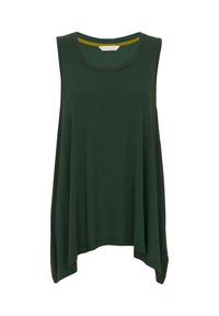 Top verde senza maniche con scollatura rotonda, realizzato in un tessuto morbido, caratterizzato da un orlo curvo e una vestibilità rilassata e ampia.