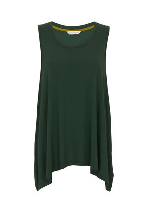 Top sans manches vert avec un col rond, fabriqué en tissu doux, présentant un ourlet incurvé et une coupe décontractée et ample.