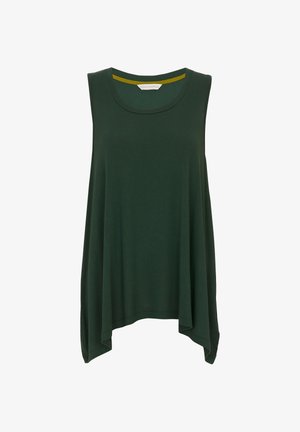 Top sans manches vert avec un col rond, fabriqué en tissu doux, présentant un ourlet incurvé et une coupe décontractée et ample.