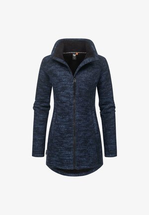 Fleecejacke in Dunkelblau mit hohem Kragen, durchgehendem Reißverschluss und zwei seitlichen Taschen. Weiches Innenfutter und abgerundeter Saum.