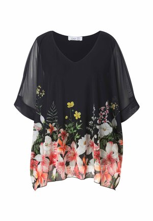 Zwart bloemen tuniek top met een V-hals, met levendige bloemmotieven in roze, wit en geel aan de onderkant en doorschijnende mouwen.