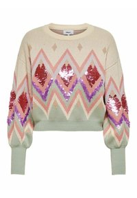 Gehaakte pullover met een ruitpatroon in lichtgroen, crème, roze, rood en paars; versierd met pailletten op de mouwen.