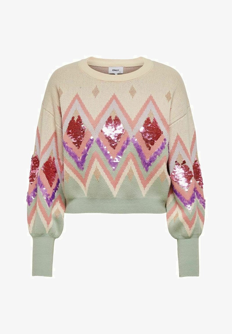Gehaakte pullover met een ruitpatroon in lichtgroen, crème, roze, rood en paars; versierd met pailletten op de mouwen.