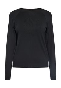 Zwarte sweater met lange mouwen, gemaakt van zacht breimateriaal, met een geribde ronde hals en raglanmouwen voor een relaxte pasvorm.