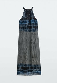 Maximekko, joka on valmistettu kevyestä kankaasta ja jossa on sinivihreä ja musta sidontamalli, korkea kaula-aukko ja avainreikäyksityiskohta edessä.