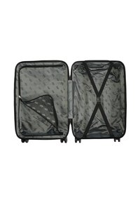 Black hard-sided suitcase open to reveal a gray interior with a logo pattern, adjustable straps, and a zippered pocket for organization.