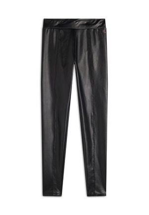 Leggings en cuir synthétique noir avec une texture lisse, dotés d'une large taille et de détails de couture subtils sur le devant.