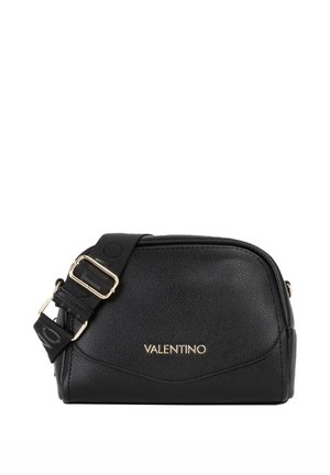 Schwarze Valentino Crossbody-Tasche aus strukturiertem Leder mit goldenem Logo und verstellbarem Riemen mit goldener Schnalle und geprägt Markenlogo.