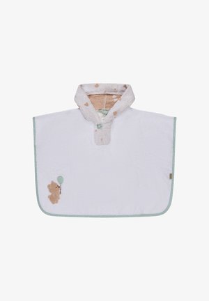 Kinder-Kapuzenhandtuch-Poncho aus weißem Frottee mit hellgrünem Besatz und einem auf der unteren linken Seite bestickten Bären, der einen Ballon hält.